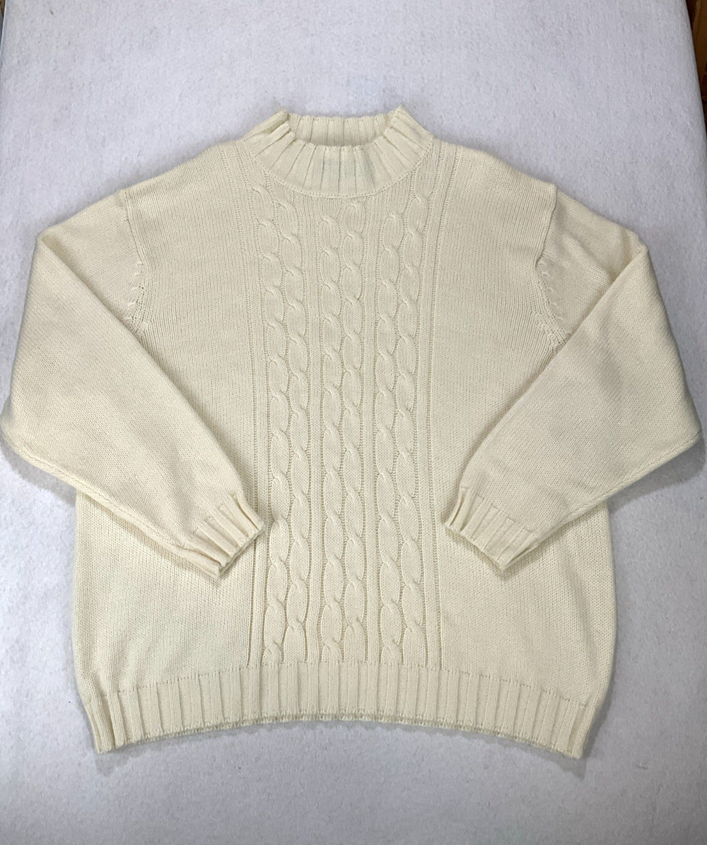 Vintage Haband Cable Knit Pullover Mock Turtleneck Sweater 2XL Cream Academia
